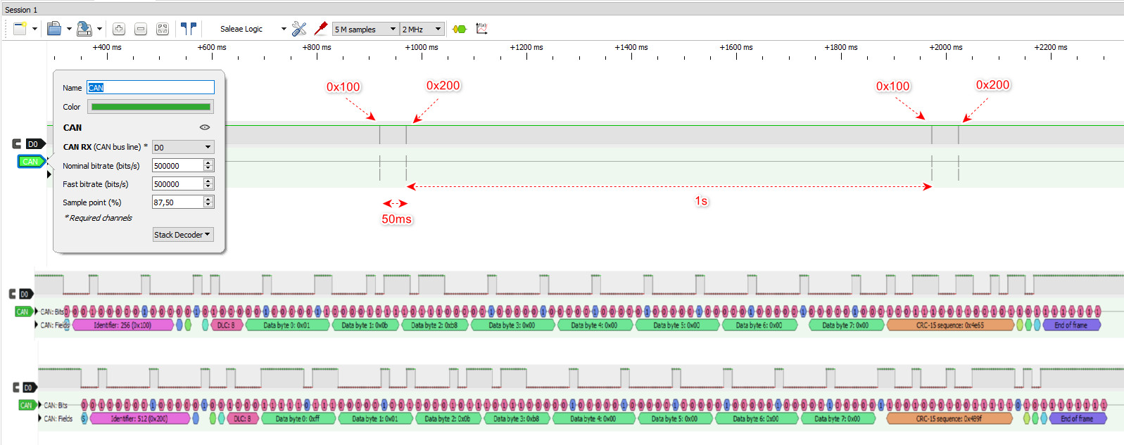 Logic analyzer capture showing CAN frames 0x100 and 0x200 with protocol decode