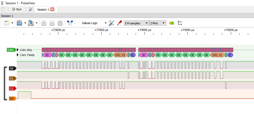 PulseView overview - two sequential frames, ID 0x123 and 0x456